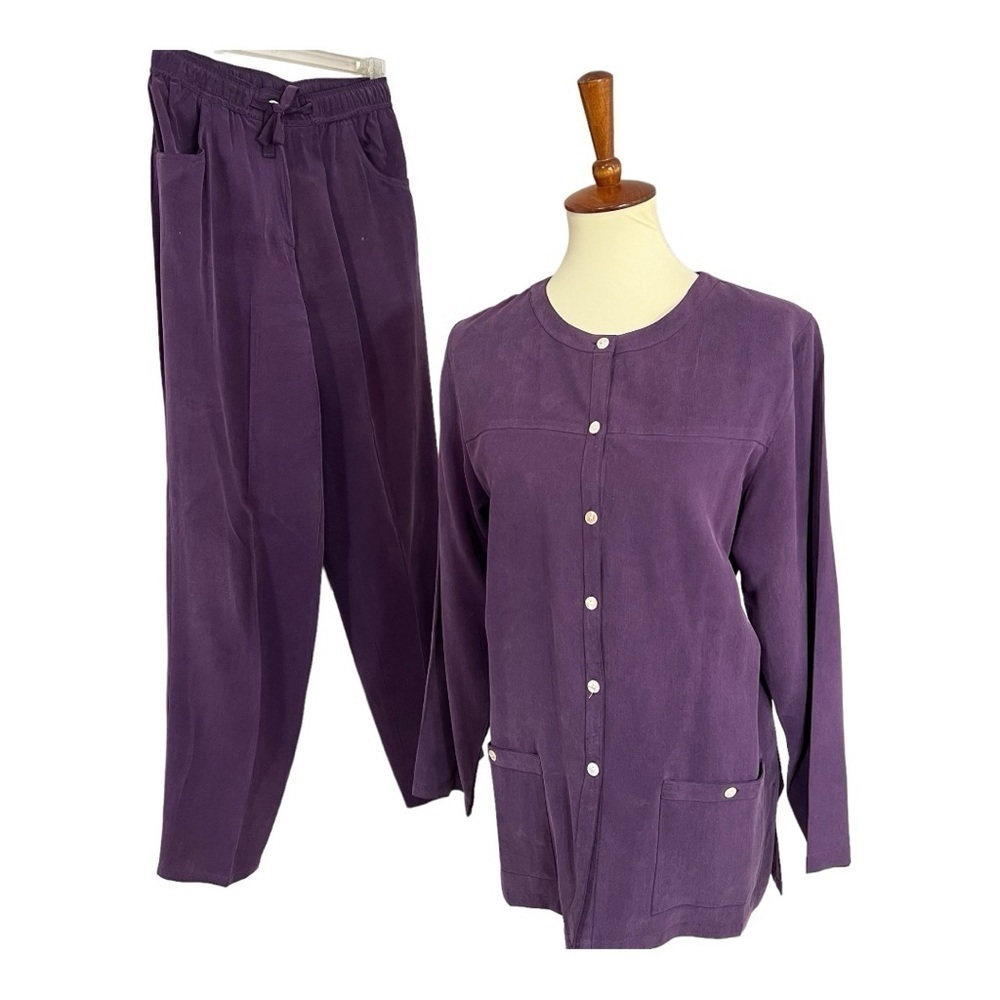 Vintage eggplant purple 100% silk two piece suit co ord set casual